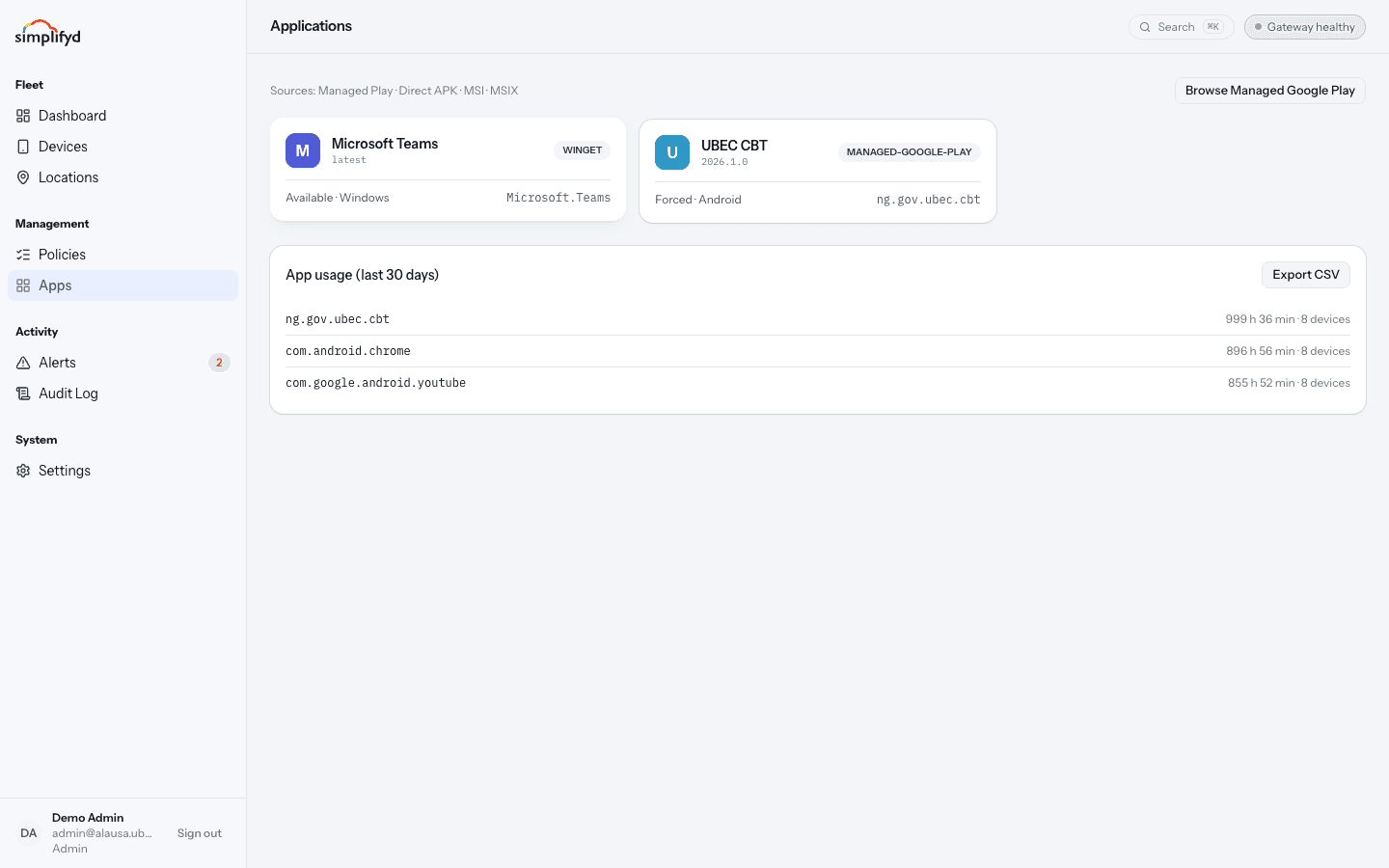 The Applications screen, showing two app cards and the app usage list for the last 30 days.