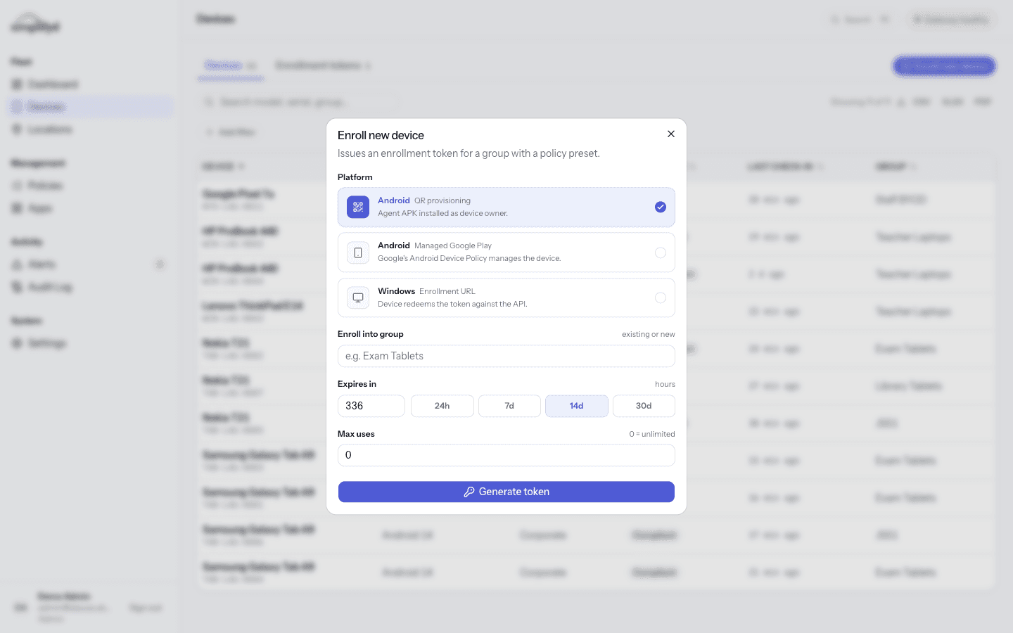 The Enrol new device panel with the three platform choices and the group, expiry, and max uses fields.