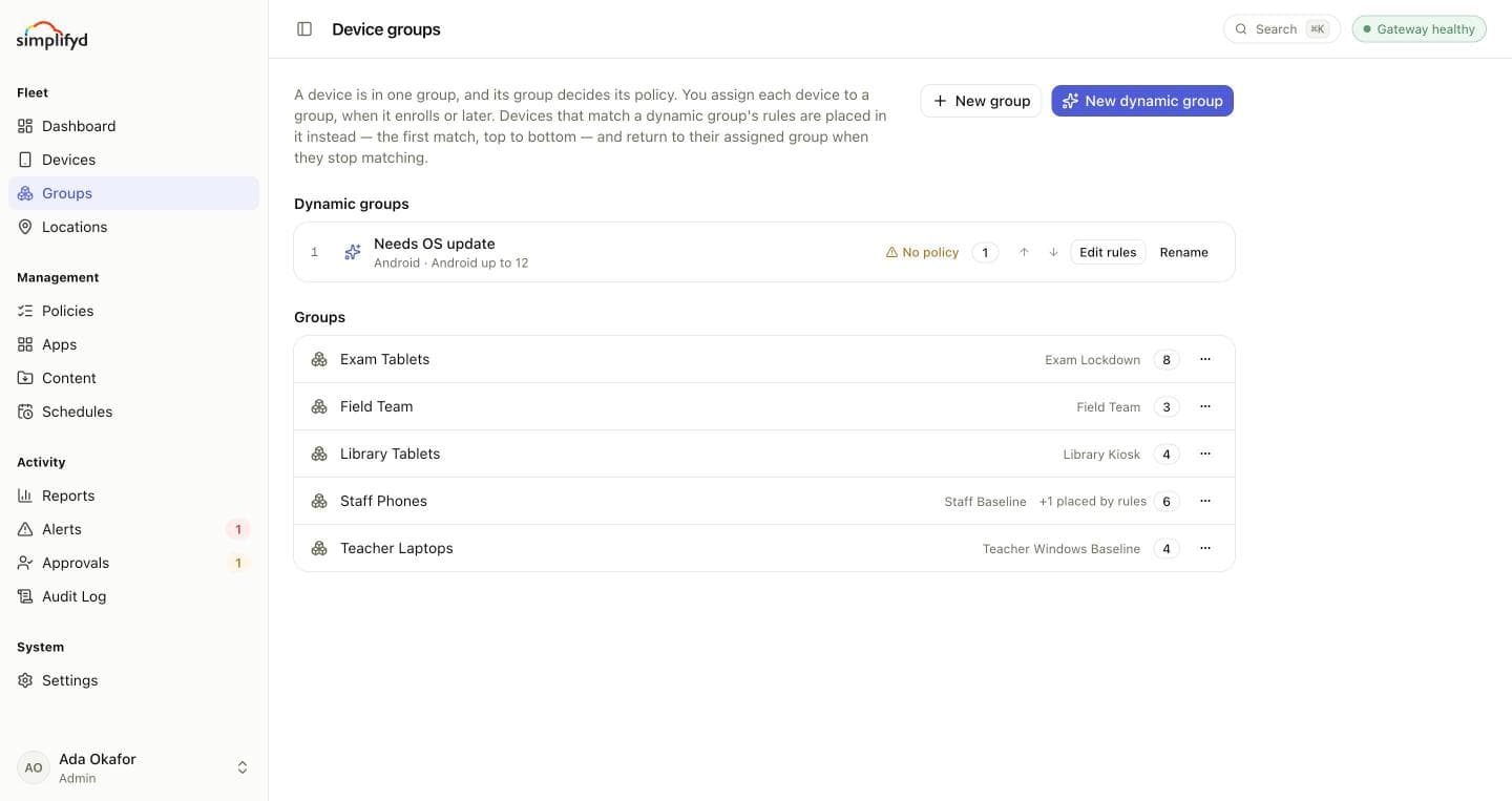 The Groups screen, with a dynamic group at the top and the regular groups below.