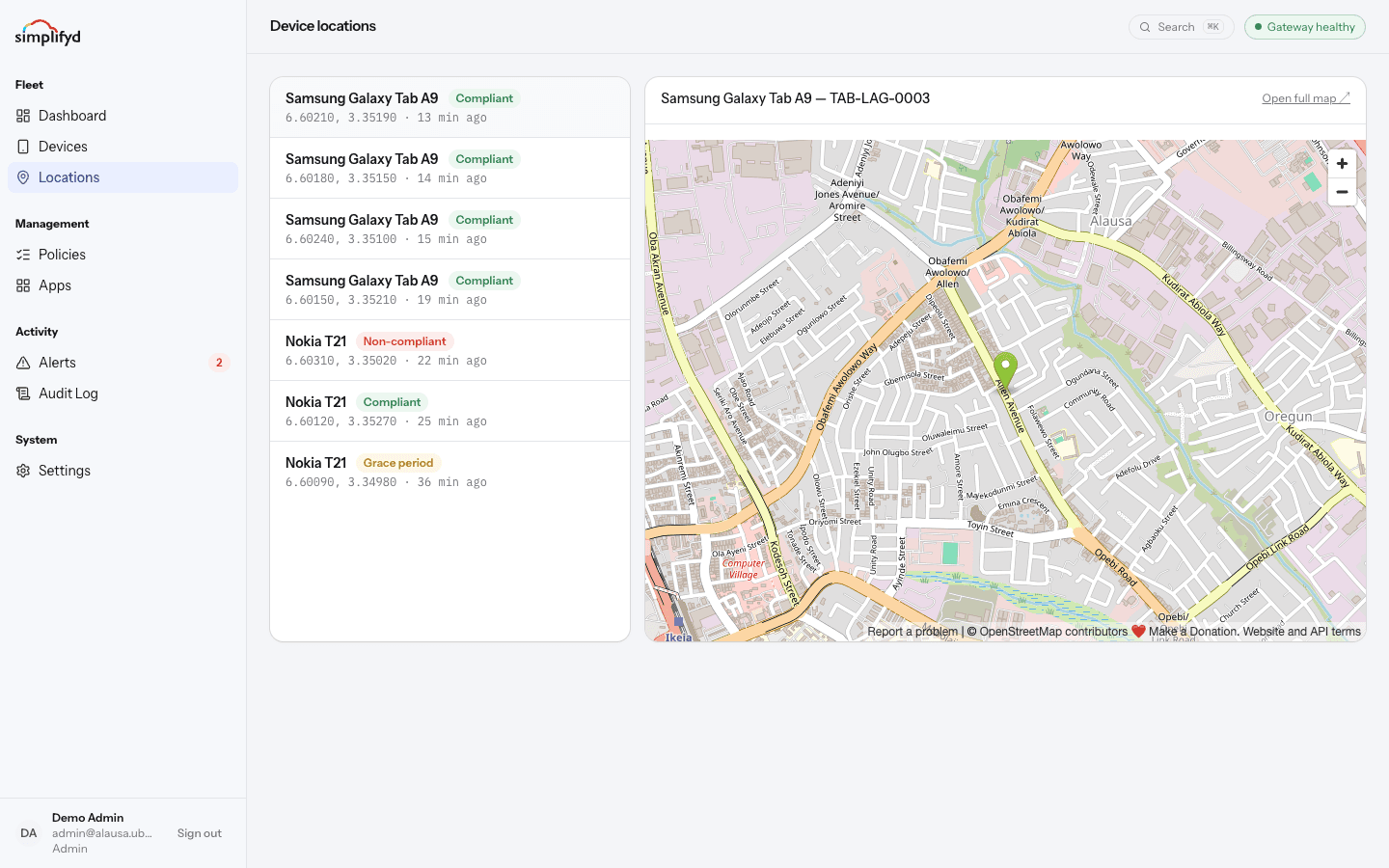 The Device locations screen, with reporting devices listed on the left and the selected tablet's position on a map.