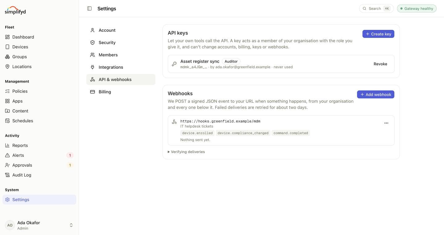 Settings → API & webhooks, with an API key and a webhook.