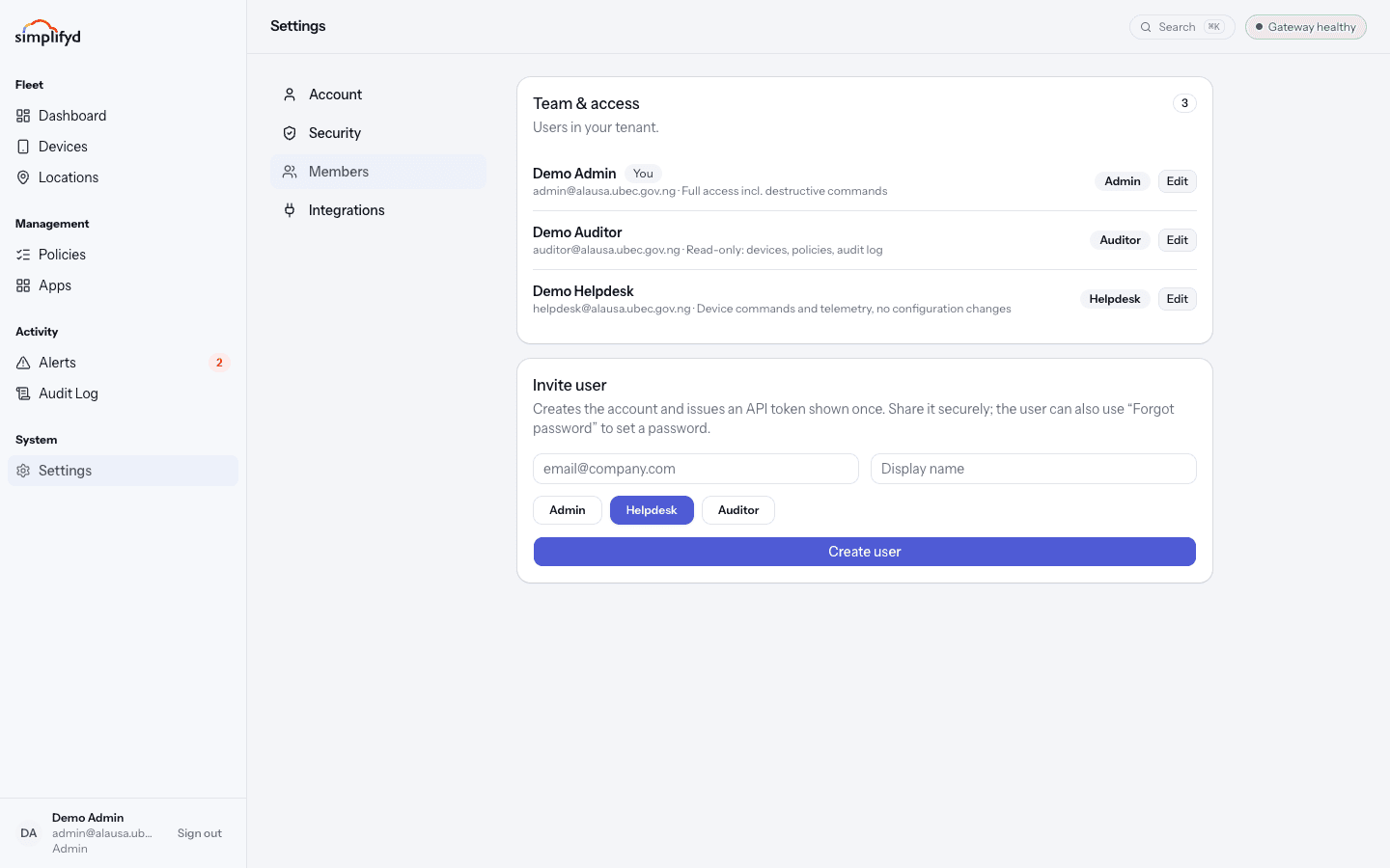 The Members screen, listing three users with their roles, and the Invite user card below.