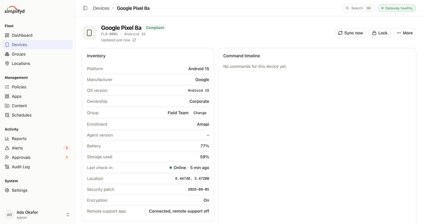 A Google-managed device's page. The Remote support app row shows it connected, with remote support off, so there is no Remote view button.