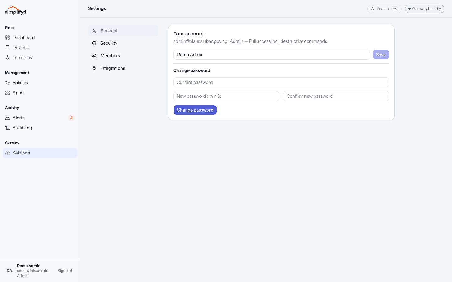 The Account screen, with the display name box at the top and the change password fields below.