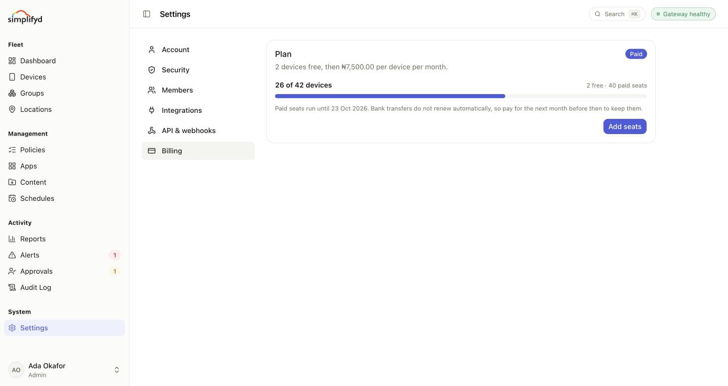 Settings → Billing, with the plan and how many seats are in use.