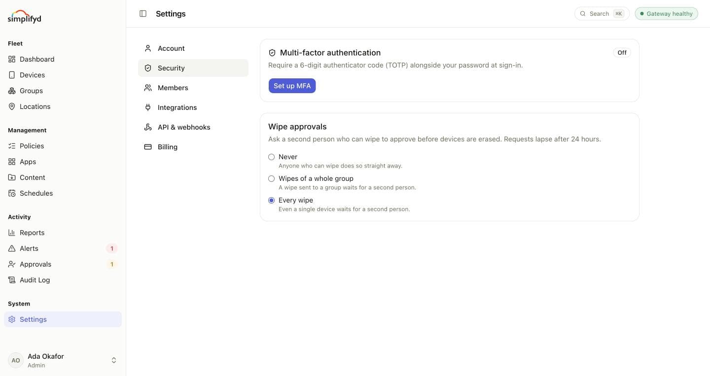Settings → Security, with multi-factor authentication and the wipe approval choices.